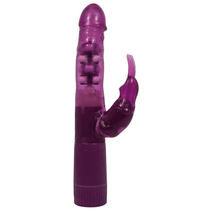 Фиолетовый вибратор Bunny On A Budget с клиторальным зайчиком и вращением ствола - 25 см.