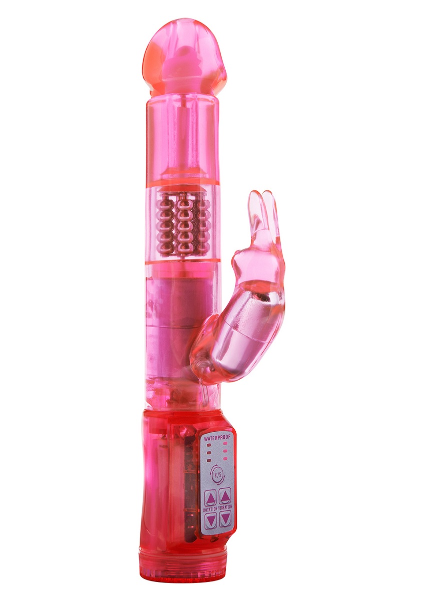 Розовый вибратор Mini Marvelous Rabbit с ротацией ствола - 19 см.